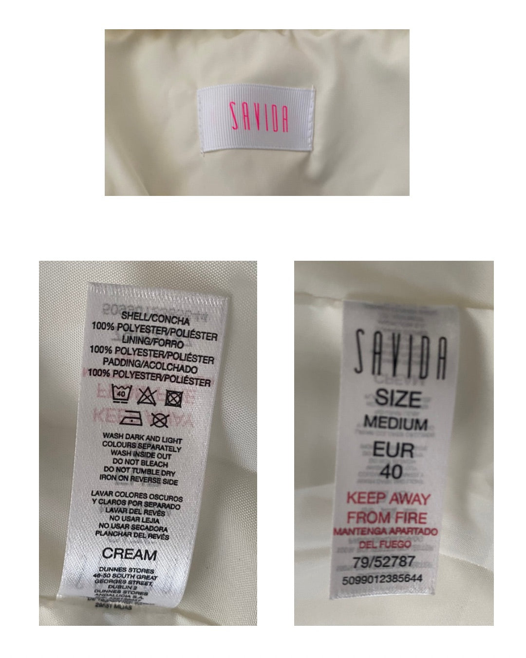 Savida labels on a white fabric background