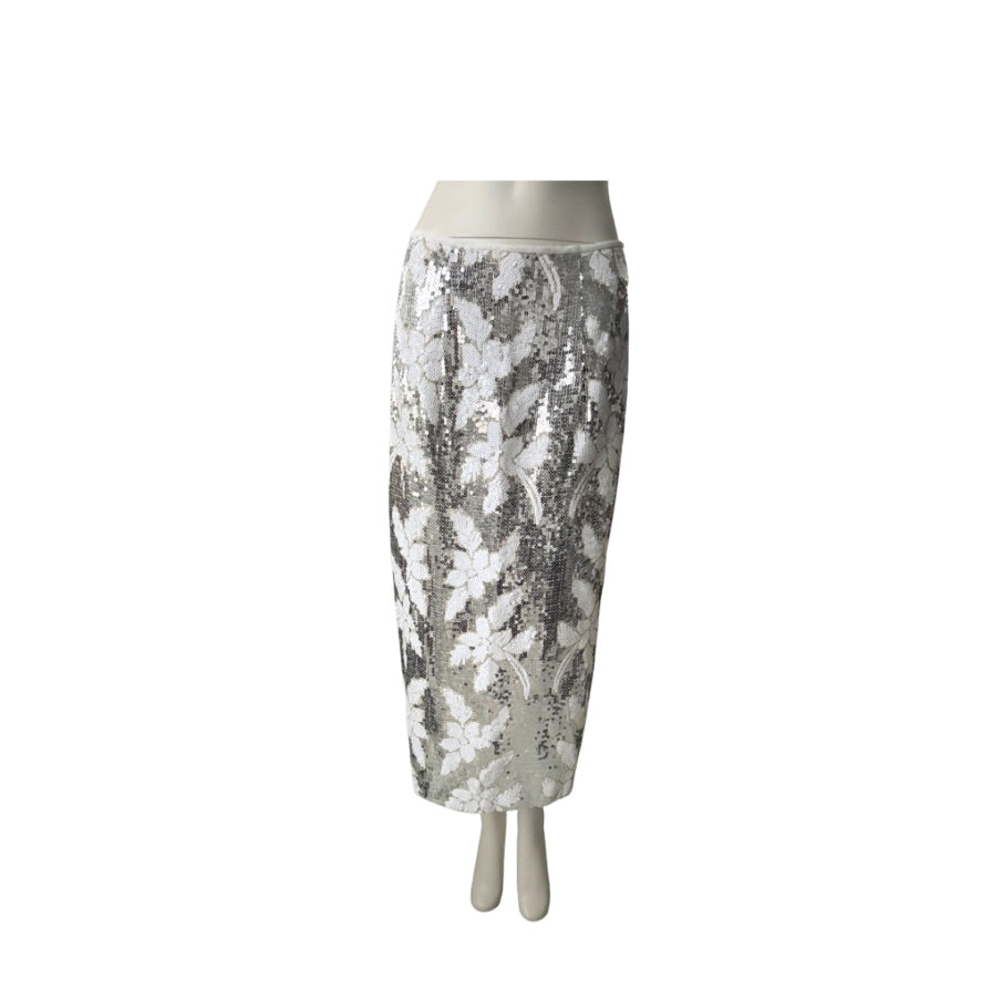 Silver sequin pencil skirt on a white background