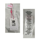Clothing tags with brand name and size information on a white background