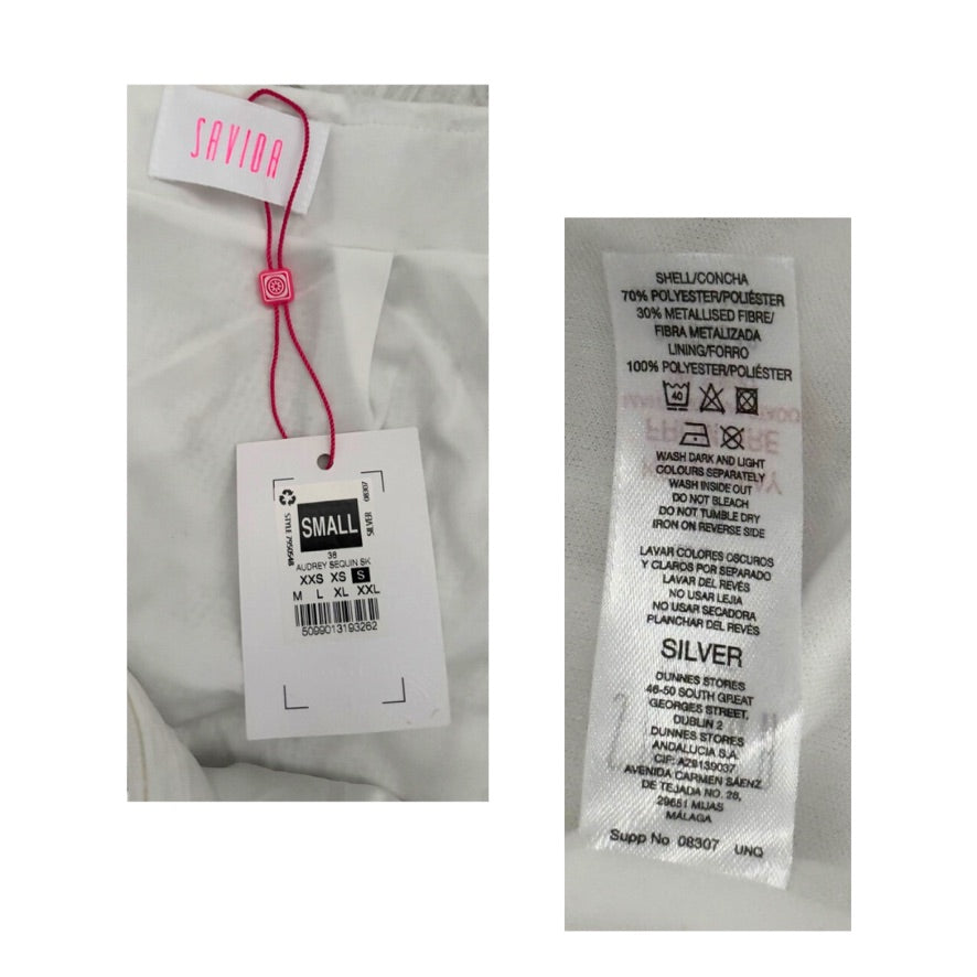 Clothing tags with brand name and size information on a white background
