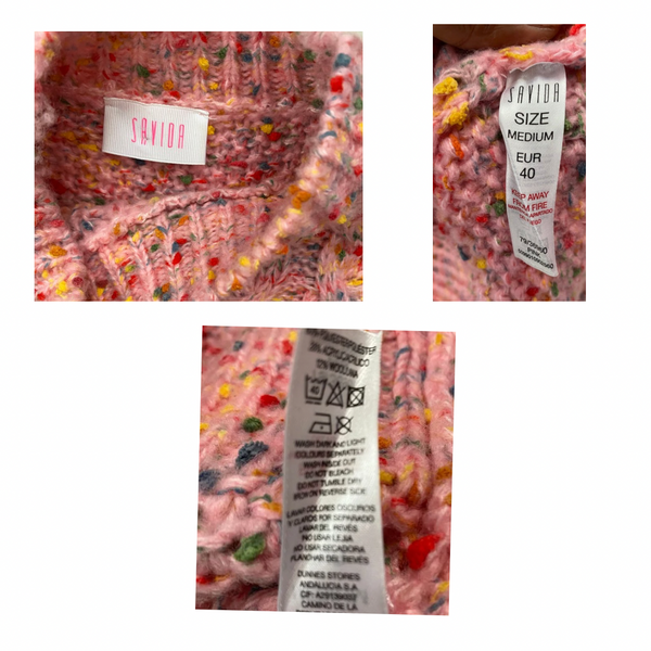 Close-up of a textured fabric with a label and care instructions.