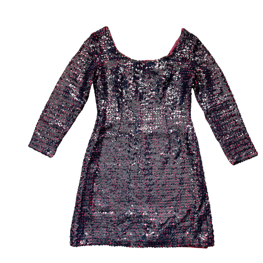 Burgundy sequin dress with long sleeves on a white background