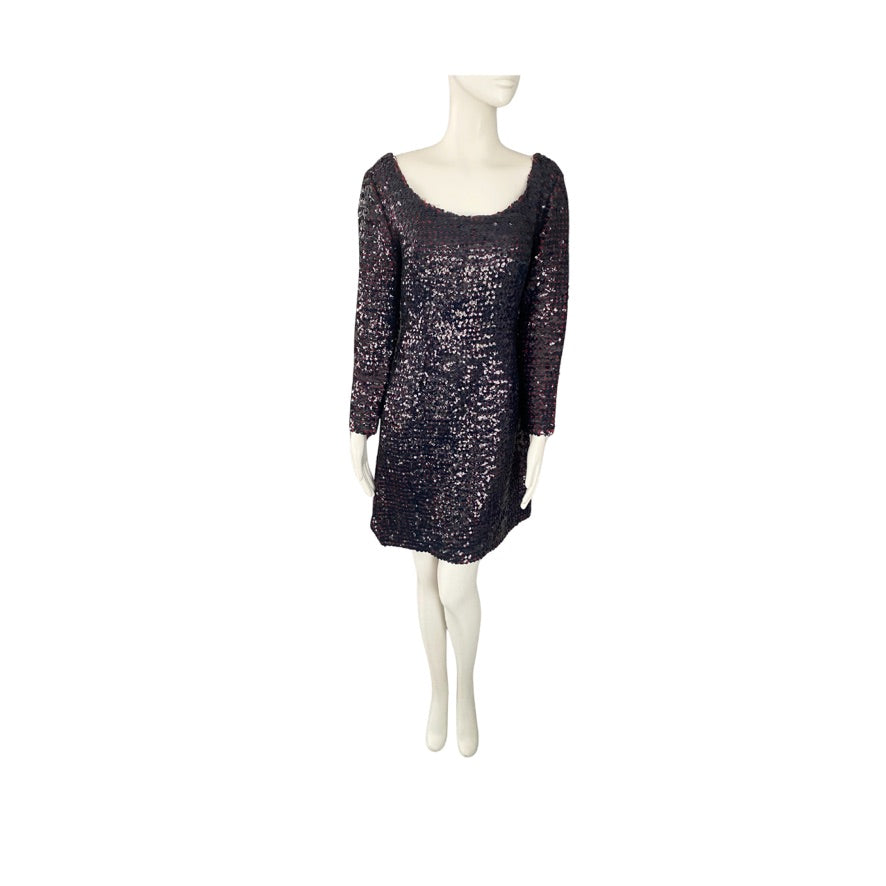Burgundy sequin dress on a mannequin against a white background