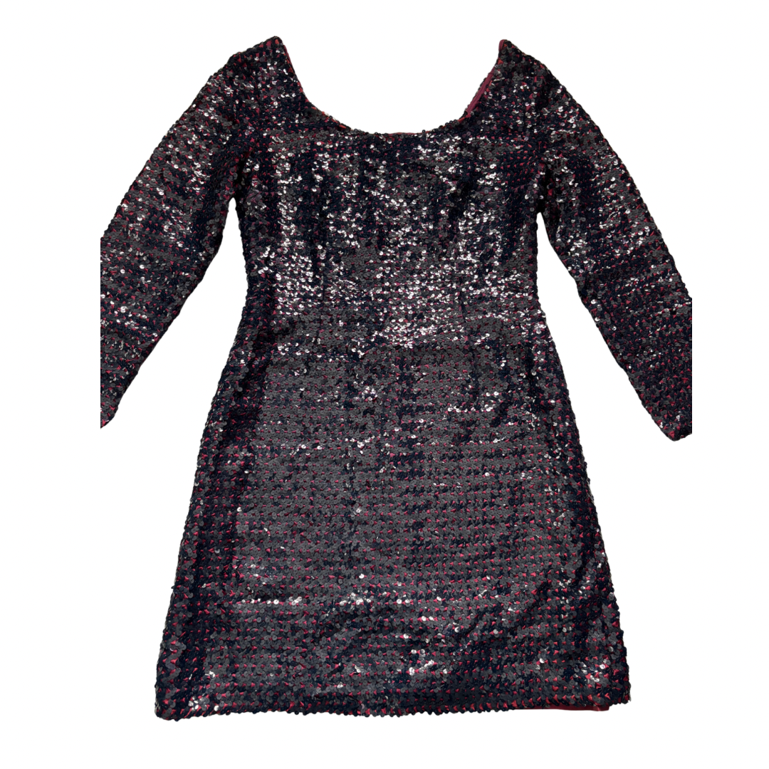 Burgundy sequin dress with long sleeves on a white background