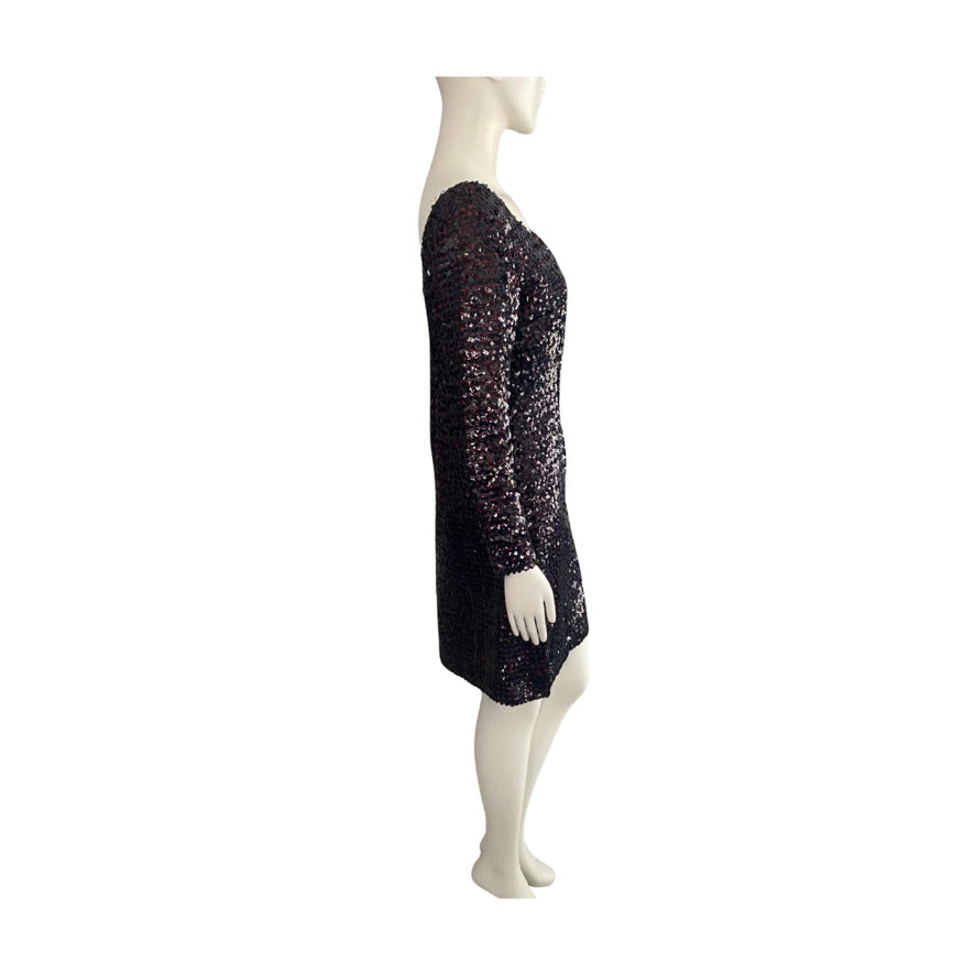 Mannequin wearing a burgundy sequin dress on a white background