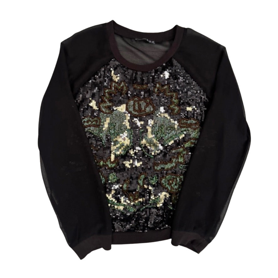 Black sweatshirt with sequin pattern on a white background