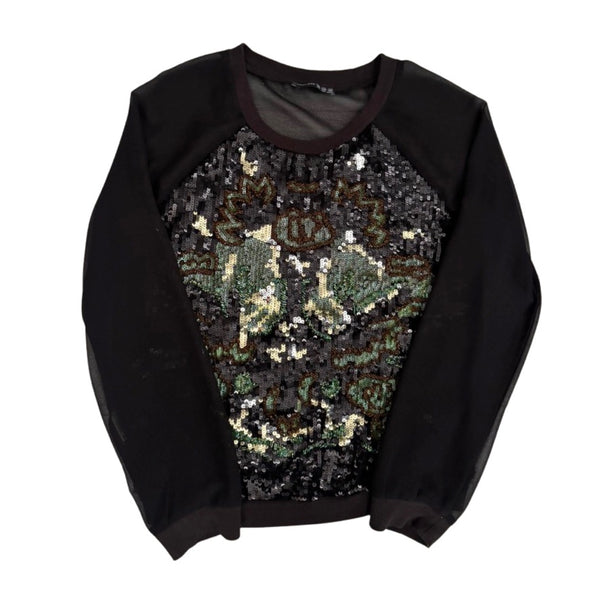 Black sweatshirt with sequin pattern on a white background