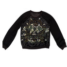 Black sweatshirt with sequin design on a white background