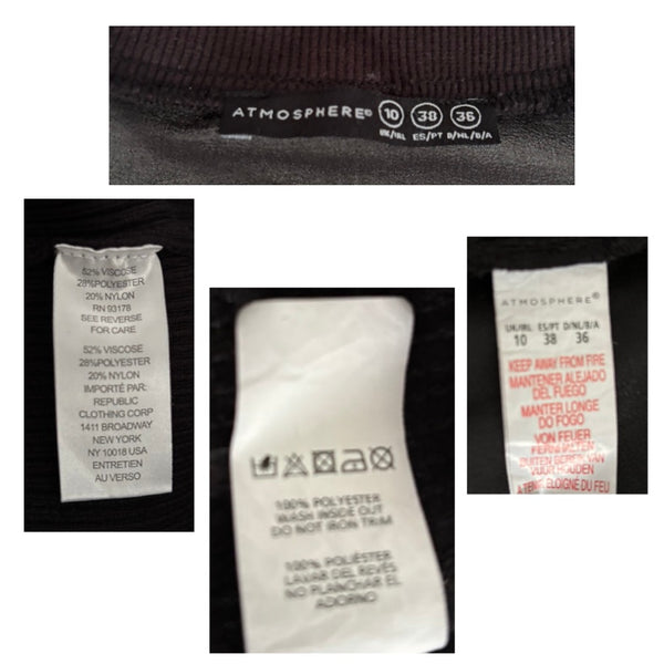 Close-up of clothing labels with brand names and text on a white background