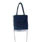 A black navy beaded handbag with a floral pattern and fringe detail, featuring a zip top closure and long shoulder strap.