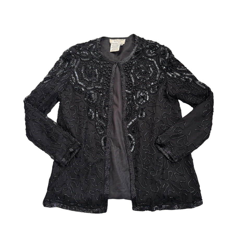 Black embroidered jacket on a white background