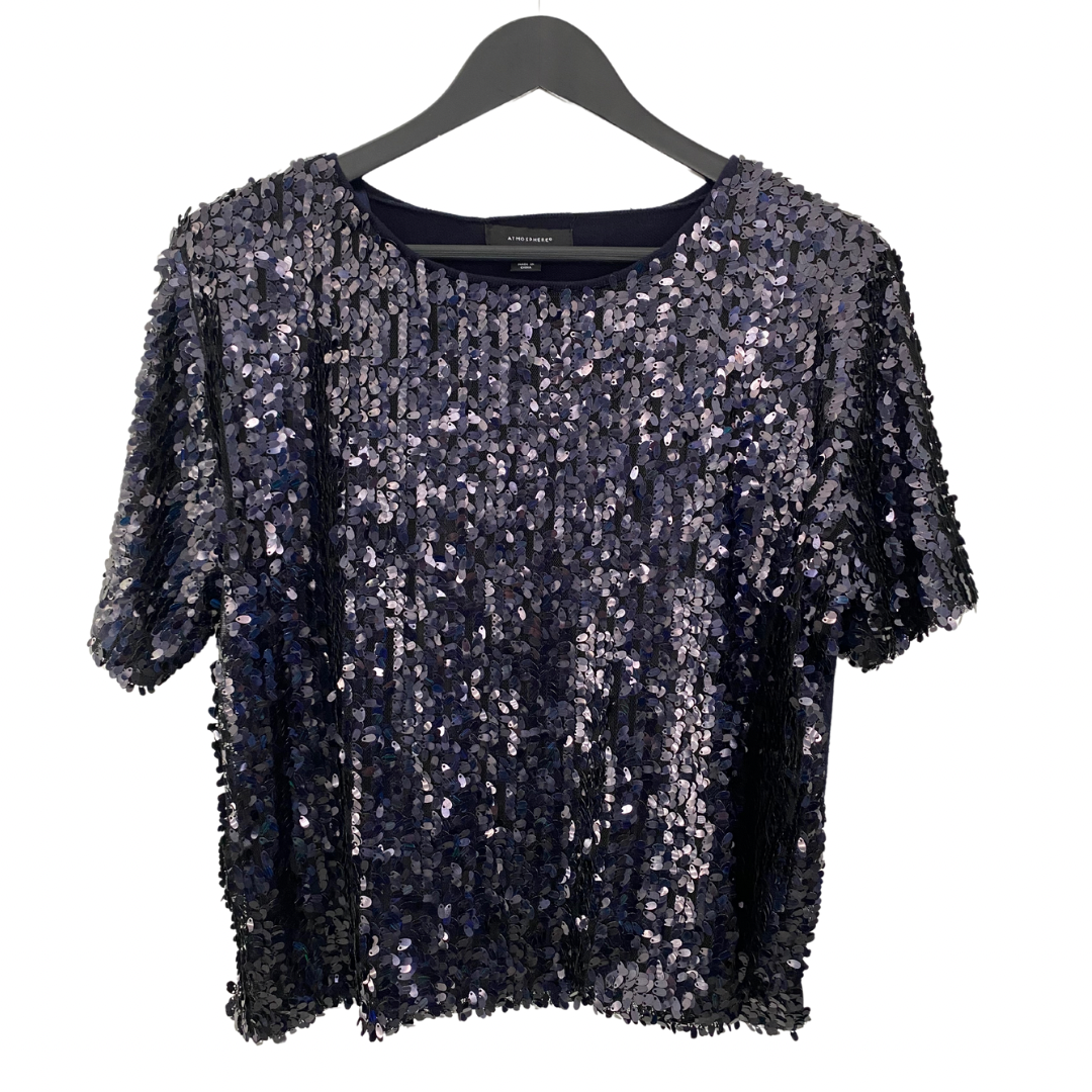 Navy sequin fine knit jumper with short sleeves and round neckline, displayed on a hanger.