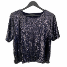 Navy sequin fine knit jumper with short sleeves and round neckline, displayed on a hanger.