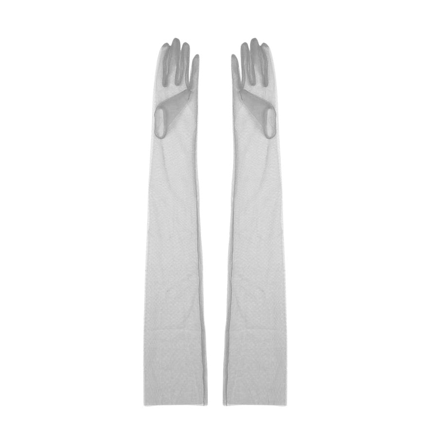 Pair of long grey gloves on a white background