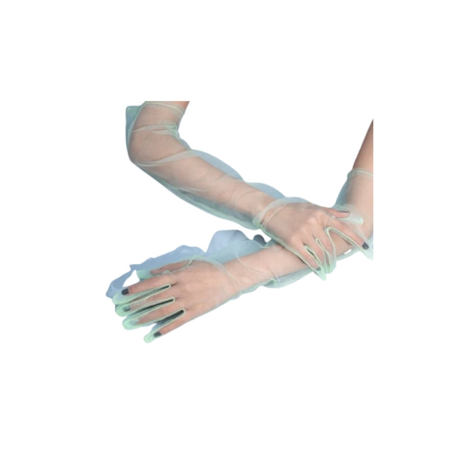 Transparent green gloves with a white background 