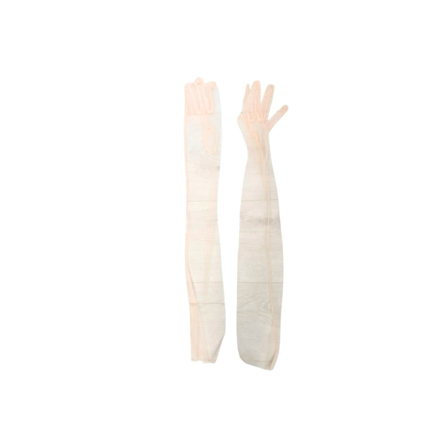 Pair of beige long gloves on a white background