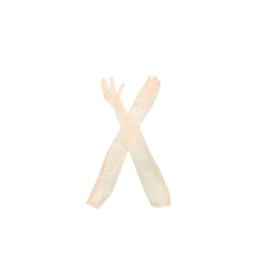 Beige long gloves crossed on a white background