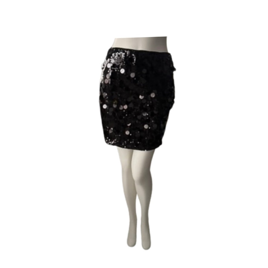 Black sequin skirt on a mannequin against a white background