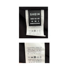 Two clothing labels with brand name and size information on a white background