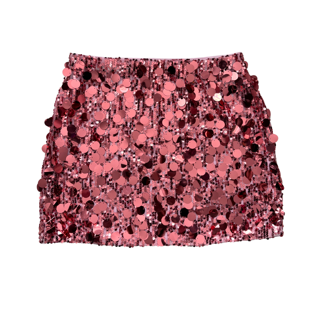 Pink Shein sequin mini skirt with oversized disc embellishment, new.