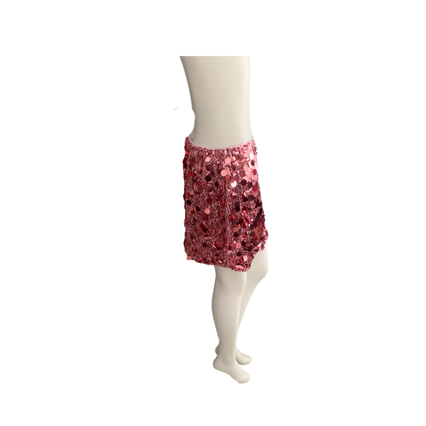 Pink sequin skirt on a mannequin against a white background