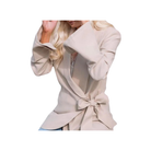 Beige blazer with bow details worn by a person on a white background