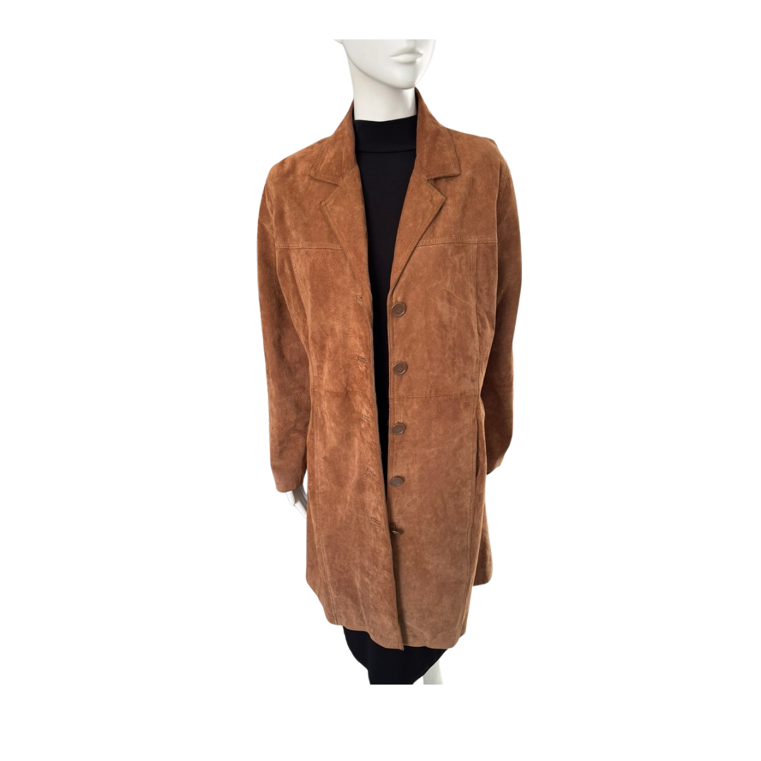 Brown suede coat on a mannequin against a white background