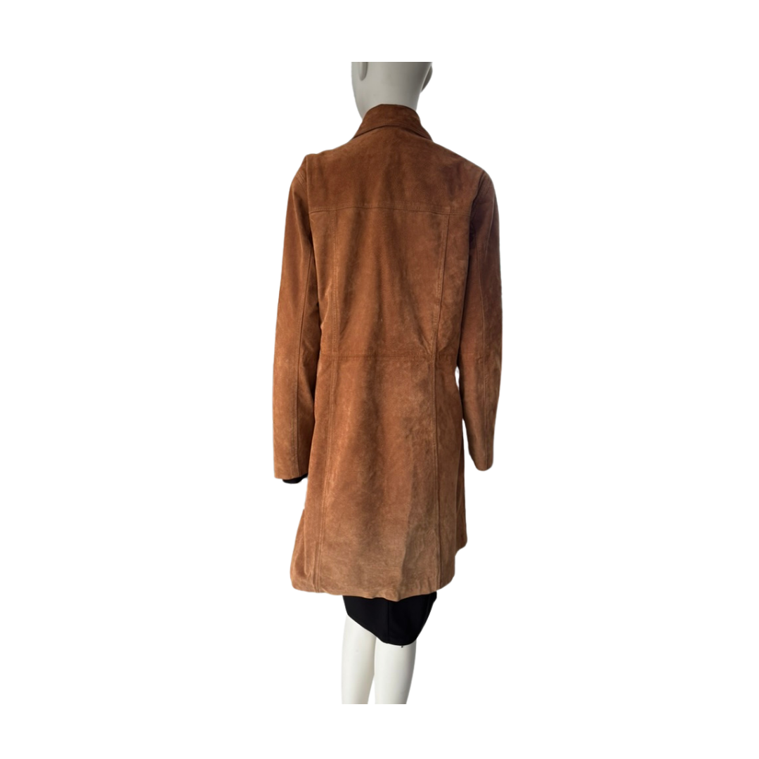 Brown suede coat on a mannequin against a white background