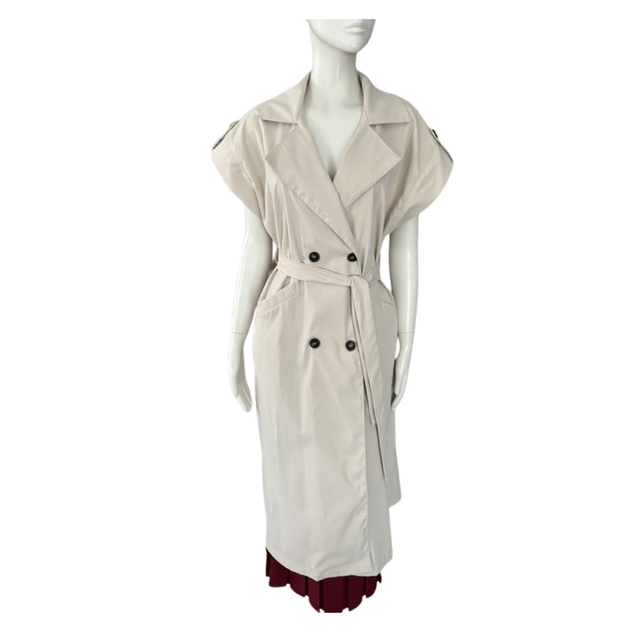 Beige sleeveless trench coat on a mannequin against a white background