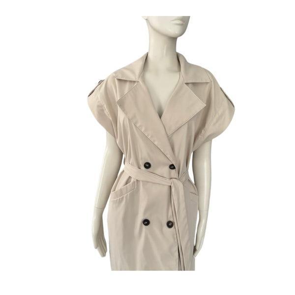 Beige trench coat on a mannequin against a white background