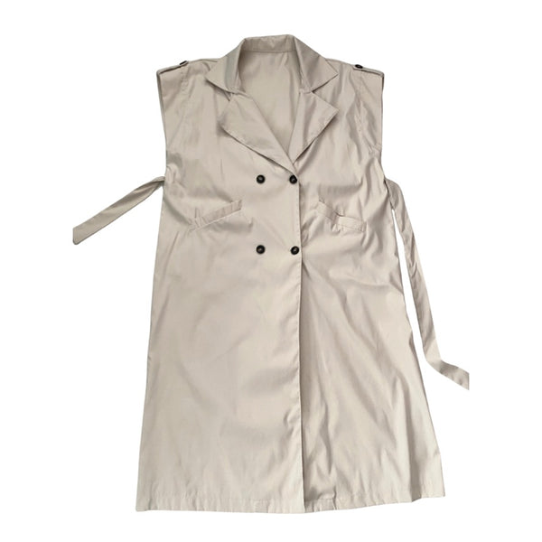 Beige sleeveless trench coat with buttons on a white background