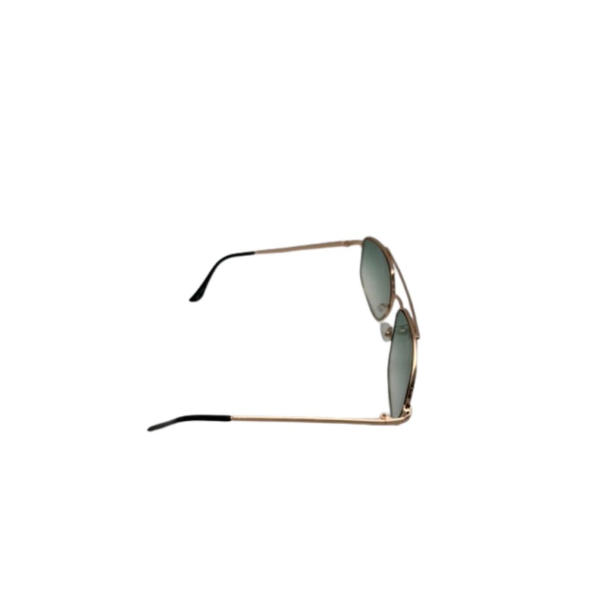 Sunglasses with gold frame and reflective lenses on a white background