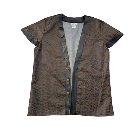 Brown textured shirt with button details on a white background