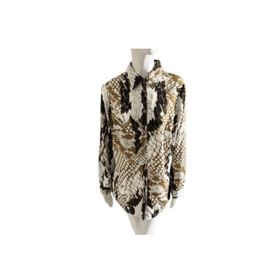 Patterned shirt on a mannequin against a white background