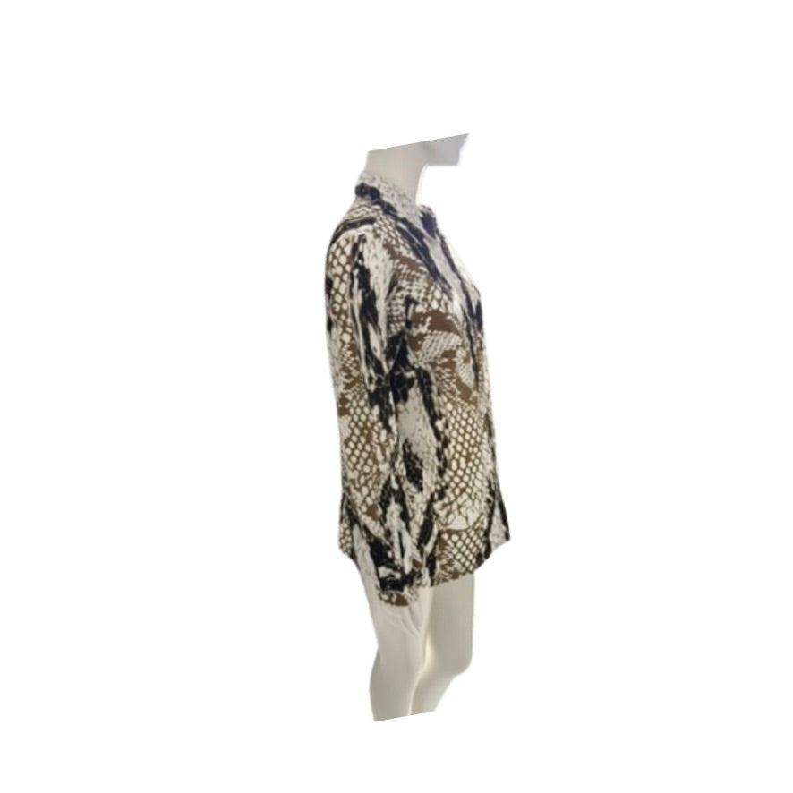 Snakeskin patterned jacket on a mannequin against a white background