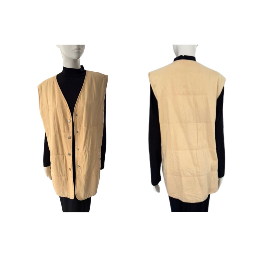 Beige vest displayed on mannequins from front and back views against a white background
