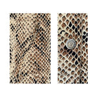 Zip and button on snake skin pattern and brand logo on a white background