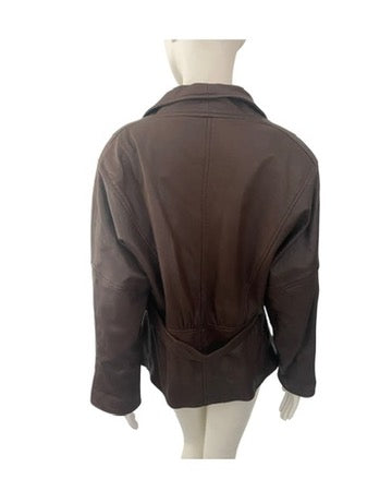 Brown leather jacket on a mannequin against a white background