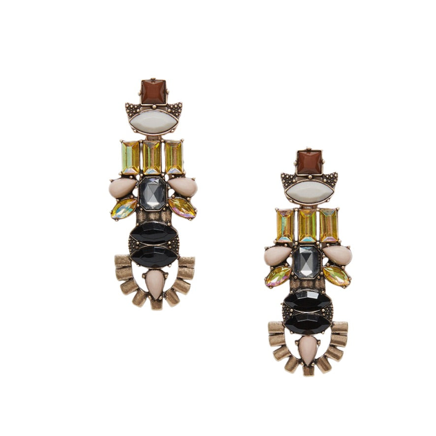 Multicolored gemstone earrings on a white background