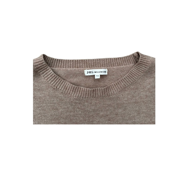 Brown sweater with a brand label on a white background