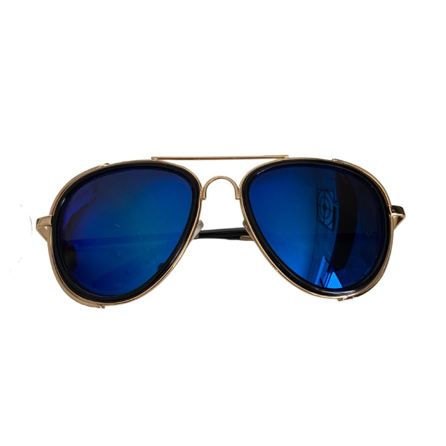 Aviator sunglasses with blue lenses and gold frame on a white background