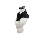 Black collar with ruffles on a white mannequin head against a white background