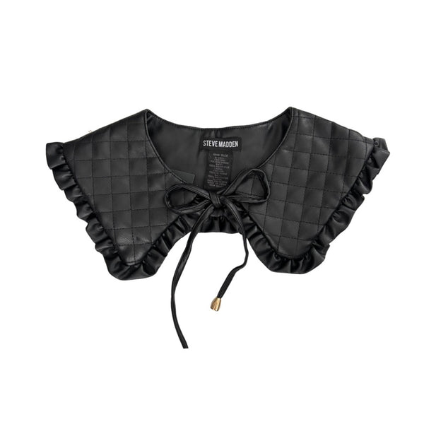 Black quilted collar with ruffles and a bow on a white background