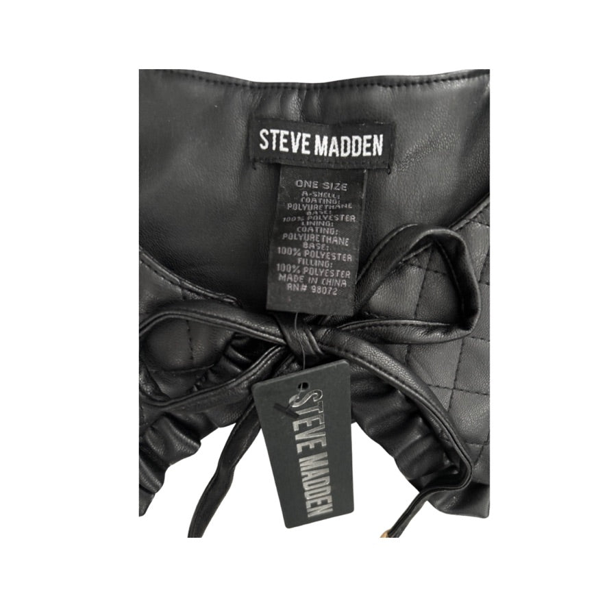 Black leather product with Steve Madden label on a white background