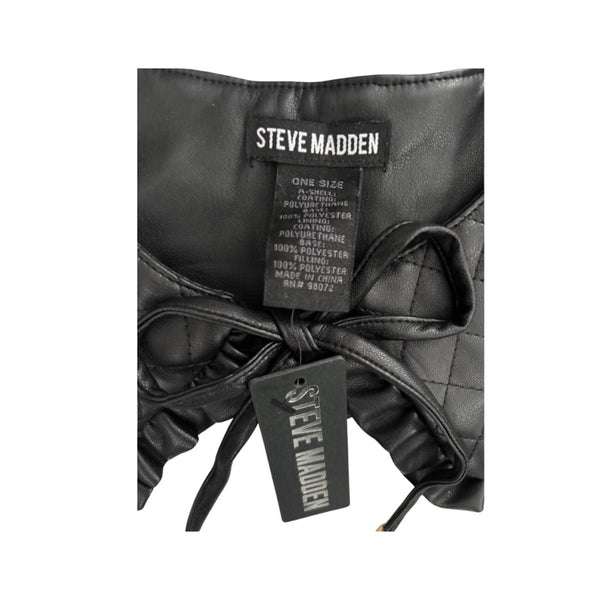 Black leather product with Steve Madden label on a white background