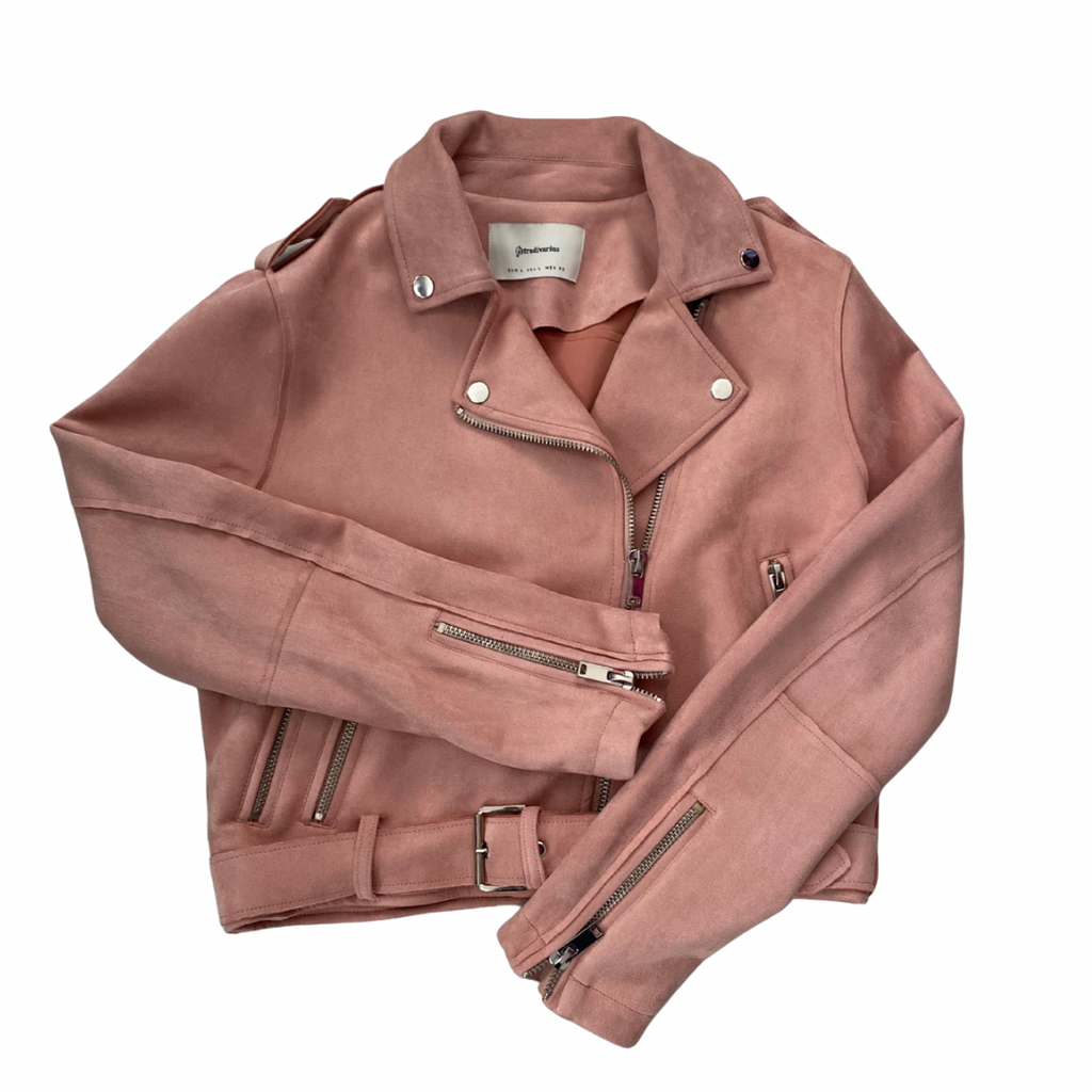 Stradivarius rose pink faux suede biker jacket with zip details and belted waist.