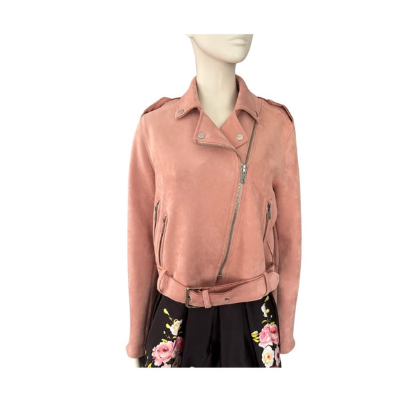 Pink suede jacket on a mannequin against a white background