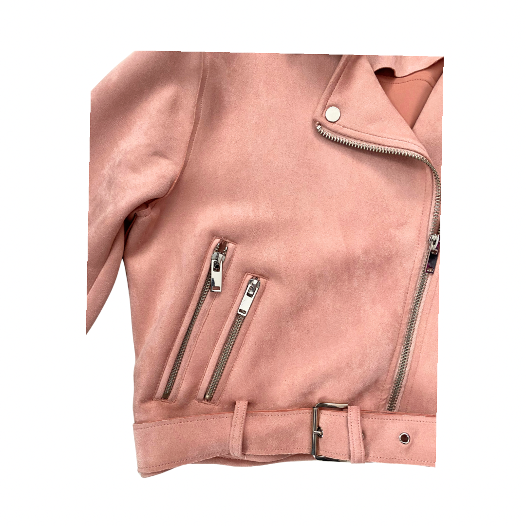 Close-up of a pink jacket with zippers on a white background