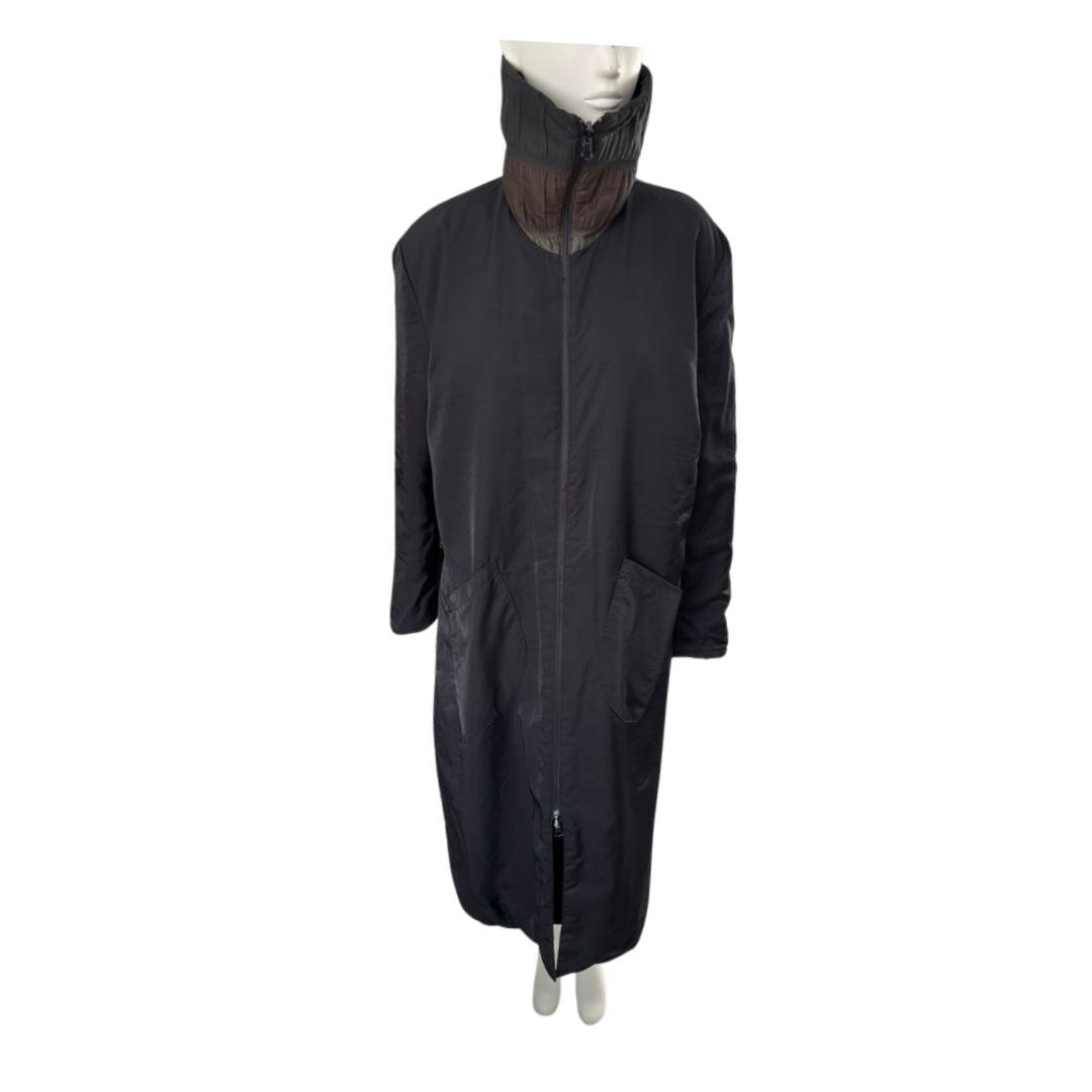 Black hooded coat on a mannequin against a white background