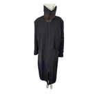 Black hooded coat on a mannequin against a white background